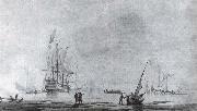 Monamy, Peter A two-decker man-o-war,stern quarter view,and a yacht in a quiet estuary oil on canvas